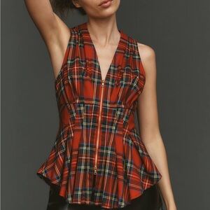 Anthropologie MAEVE Waisted Zip-Front Sleeveless Top In Red Plaid Small NEW NWT